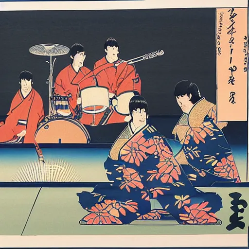 Image similar to The Beatles playing in the Budokan, Ukiyo-e art,