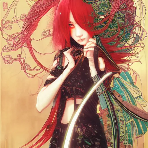 Image similar to emo japanesque electric girl gumi anime style, hyper detailed, illustration, digital painting, art by artgerm and greg rutkowski and alphonse mucha, high delicate defined details, anime stylized, highly detailed, realistic, sharp focus, styled by rhads