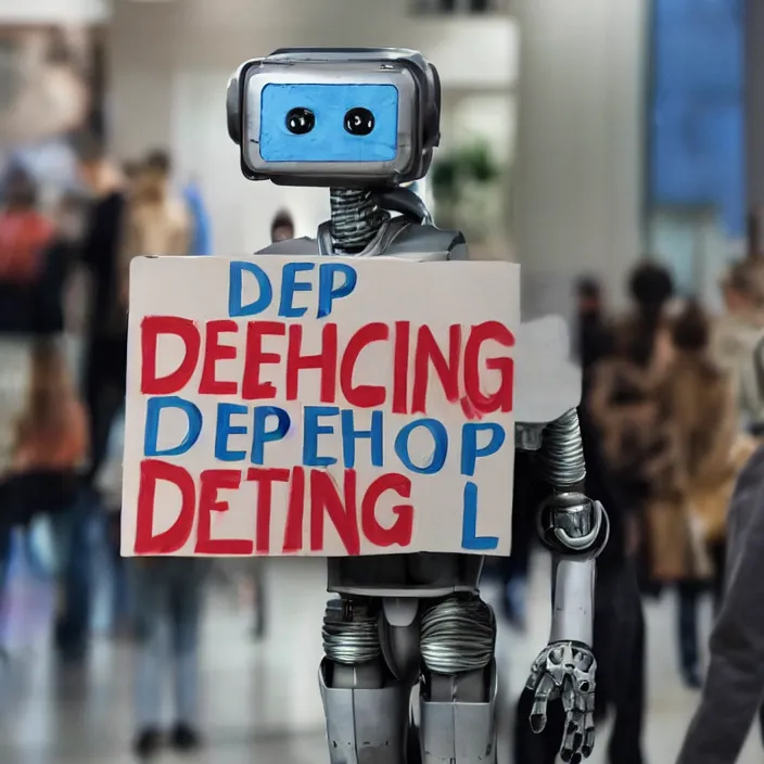 Prompt: a robot holding a sign that reads deep learning