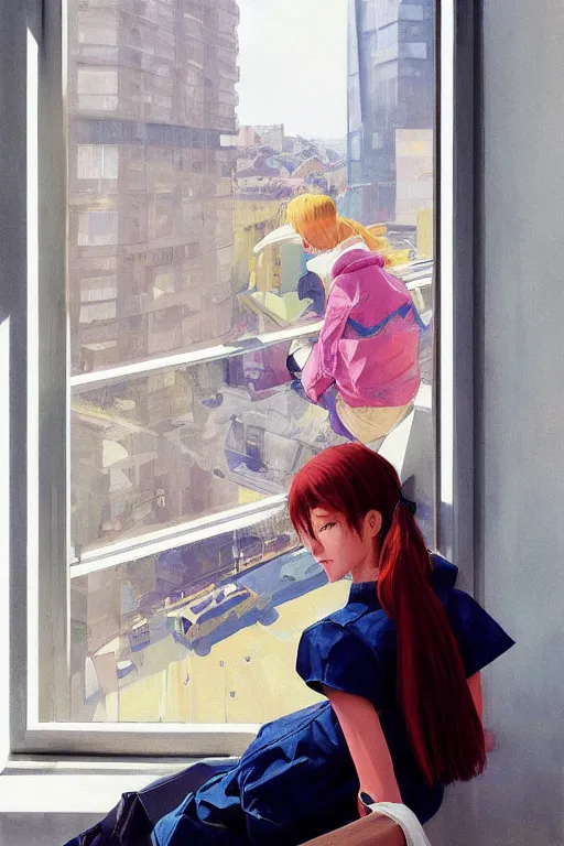 Image similar to A ultradetailed beautiful panting of a stylish woman sitting next to a window, she is wearing streetwear, bright sunny day, Oil painting, by Ilya Kuvshinov, Greg Rutkowski and Makoto Shinkai