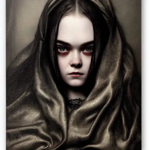 Prompt: a striking hyper real painting of Elle Fanning, dark, metal, by Gustave Dore