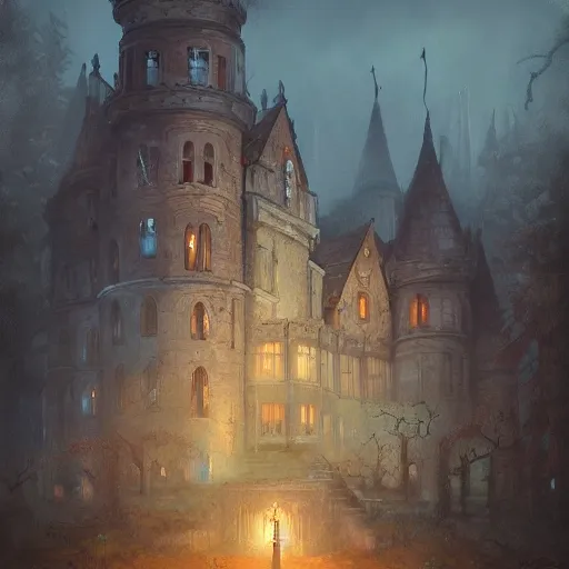 Prompt: highly detail painting of a haunted castle in the style of Greg rutkowski and Peter mohrbacher