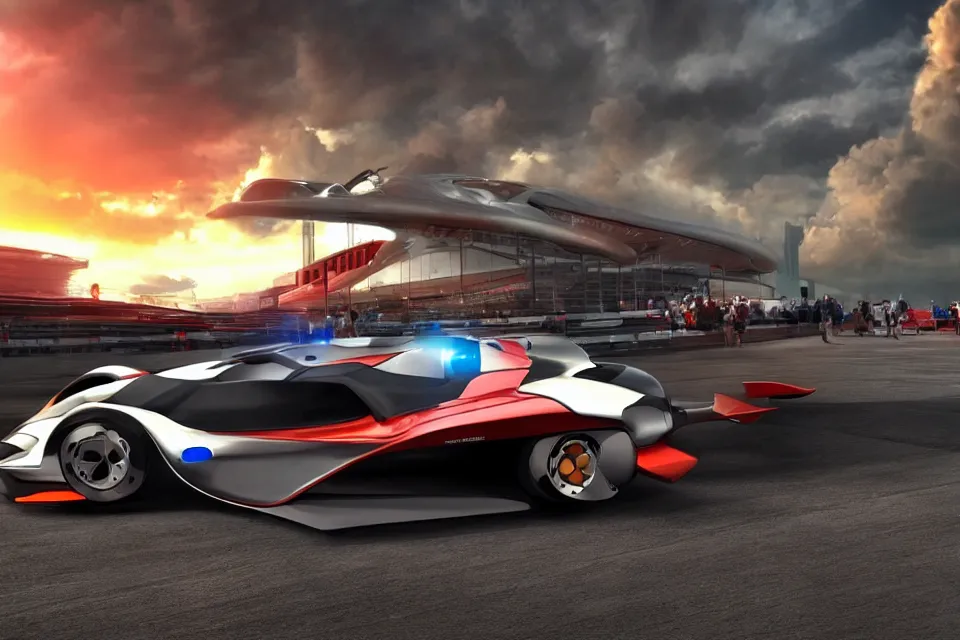 Image similar to Futuristic Hover Car Le Mans Races In Italy Circa Year 10,0000, Hover Vehicles Designed by Syd Mead and Pininfarina, beautiful sunset, photorealistic, hyperrealistic, octane render, HDR, IG Studios Anime Style