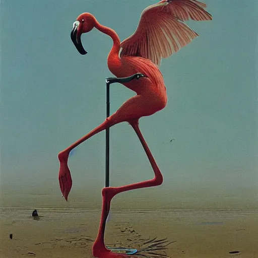 Image similar to flamingo with a shotgun by Zdzisław Beksiński, painting