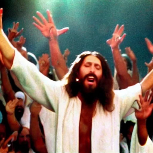 Prompt: jesus rapping in a music video, 4k upscale, MTV, 1990