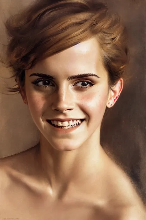 Prompt: emma watson smiling squinting detailed portrait painting by gaston bussiere craig mullins j. c. leyendecker photograph by richard avedon peter lindbergh