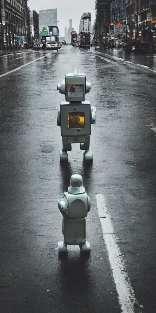 Image similar to robot on the road, city, photo, rain,