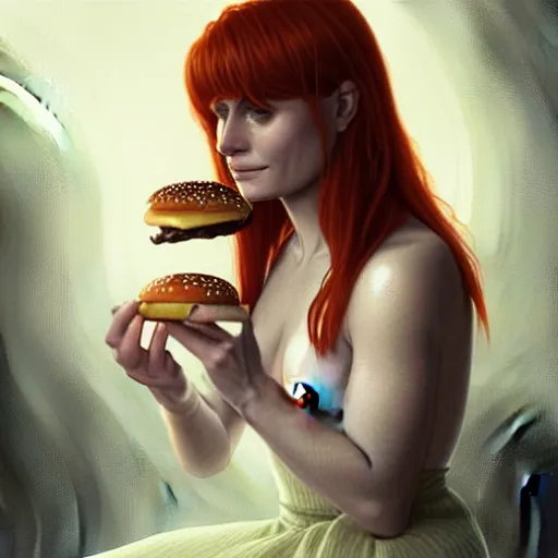 Image similar to portrait of Bryce Dallas Howard eating hamburgers, extra onions and ketchup, luscious patty with sesame seeds, feminine ethereal, handsome, D&D, fantasy, intricate, elegant, highly detailed, digital painting, artstation, concept art, matte, sharp focus, illustration, art by Artgerm and Greg Rutkowski and Alphonse Mucha