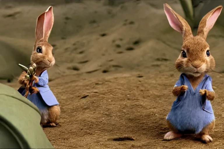 Image similar to Peter Rabbit in Starship Troopers (1997), highly detailed, high quality, HD, 4k, 8k, Canon 300mm, professional photographer, 40mp, lifelike, top-rated, award winning, realistic, sharp, no blur, edited, corrected, trending