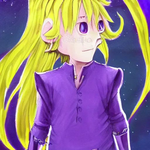 Image similar to little boy wearing an tunic, blonde hair. purple and yellow color palate, detailed soft painting, made in abyss art style, anatomically correct