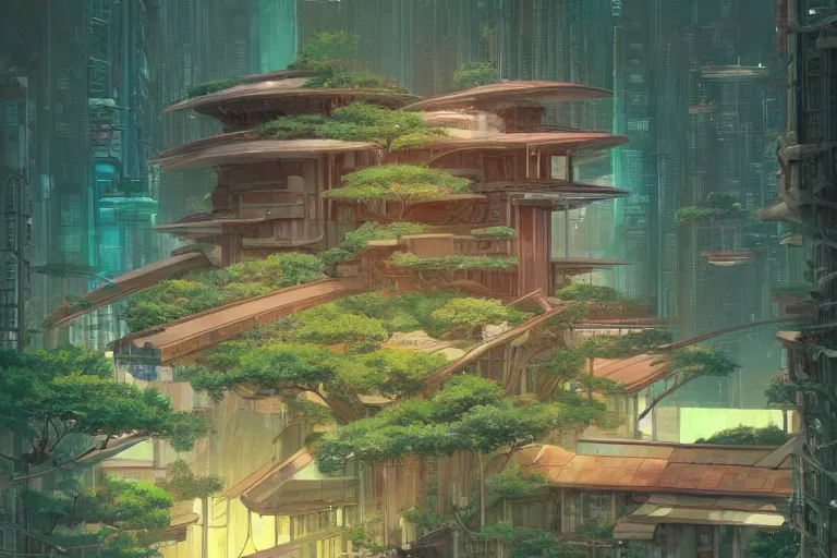 Prompt: solarpunk kowloont by frank lloyd wright, still from studio ghibli anime movie, cyberpunk tree house, digital art, artgerm, trending on artstation