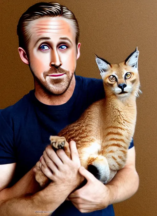 Image similar to Ryan Gosling holds a caracal cat in his hands, ultra highly detailed, smooth, sharp focus, elegant, trending on artstation