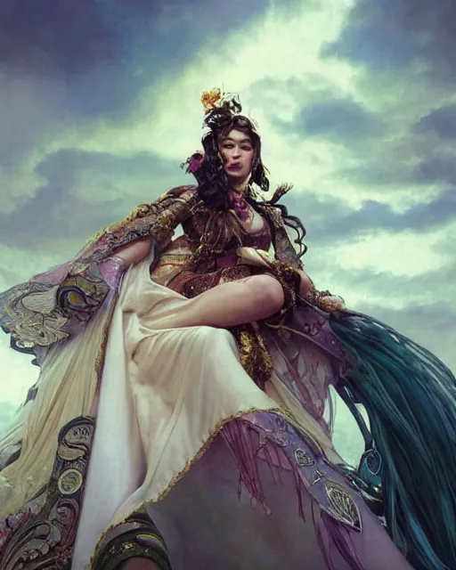 Prompt: a beautiful close up portrait of a enchantress sitting with elegant looks, leather clothing, ornate costume and flowing magic all around, intricate and soft by ruan jia, tom bagshaw, alphonse mucha, krenz cushart, beautiful palace ruins in the background, epic sky, vray render, artstation, deviantart, pinterest, 5 0 0 px models