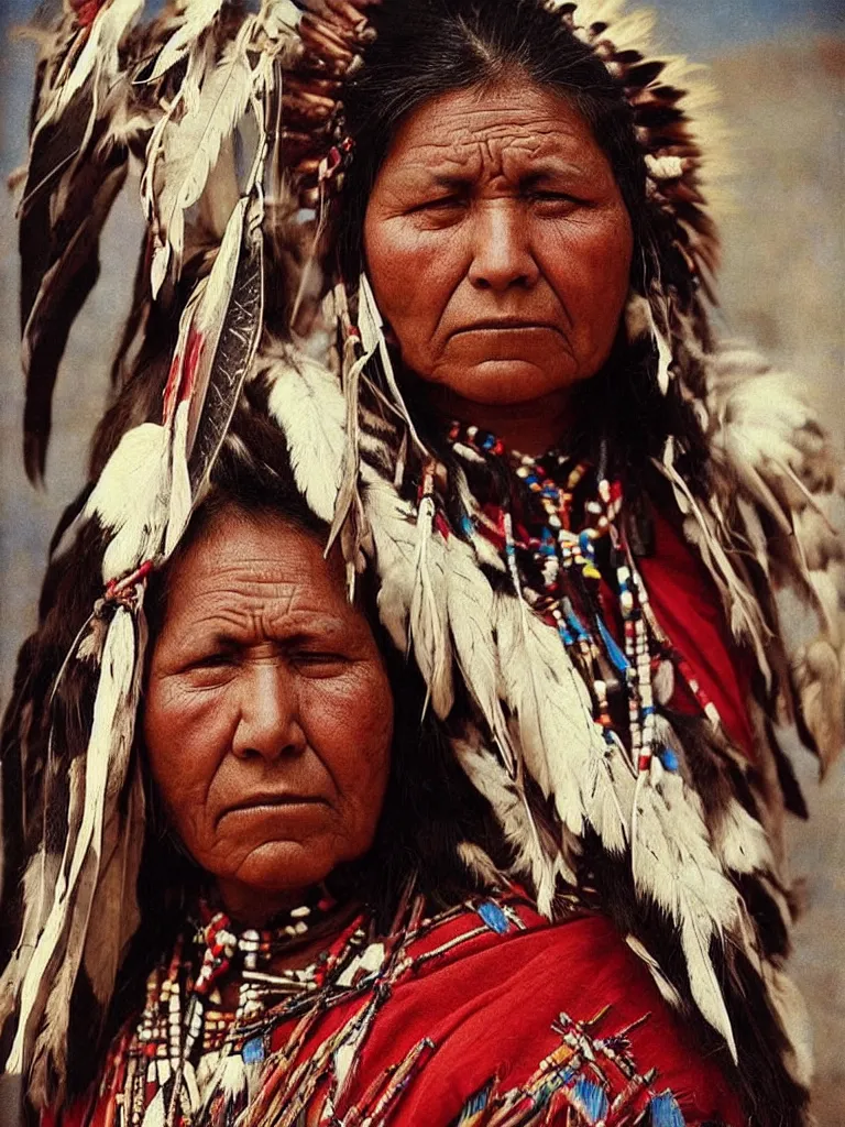 Image similar to “Color Photo of Native American indian woman, portrait, skilled warrior of the Chiricahua Apache, Lozen, wearing traditional clothing, showing pain and sadness on her face, realistic, detailed, shot like National Geographic”