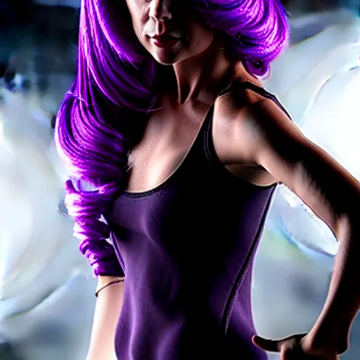 Prompt: beautiful female assassin as james bond, purple flowing hair, blood, cinematic, stunning, athletic, highly detailed, hard focus, dramatic cinematic lighting