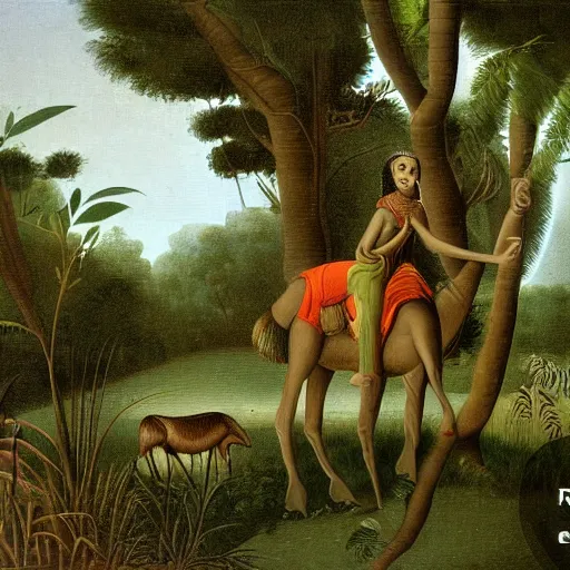 Prompt: dark-skinned Woman riding donkey in the jungle painting by Rousseau