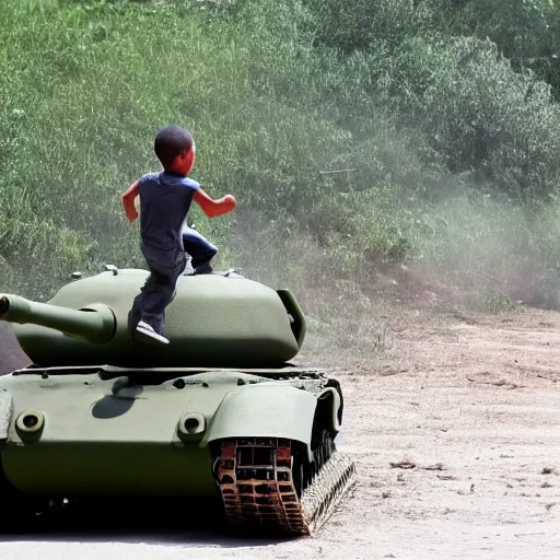 Prompt: a kid running away from a line of tanks coming towards him from behind, dslr photo