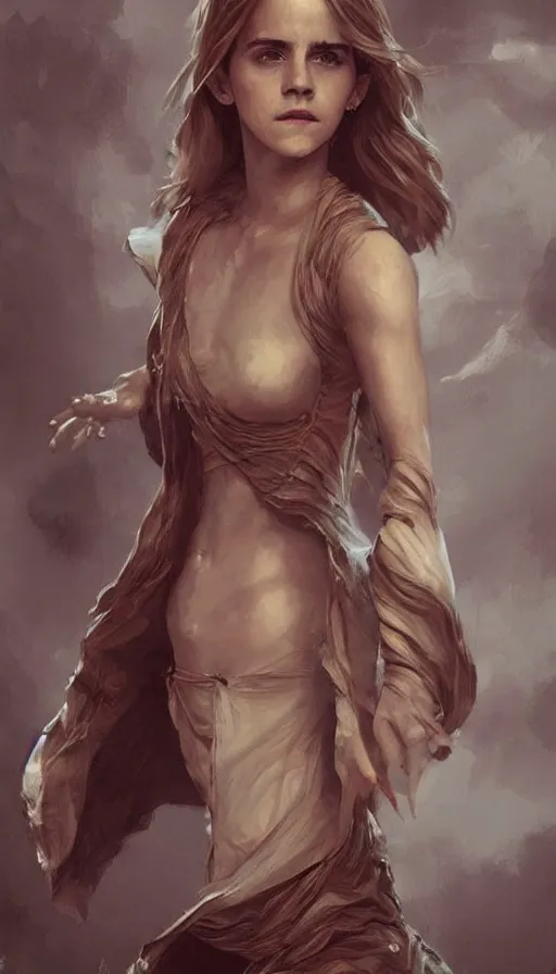 Prompt: emma watson with an very long torso, possibly extra limbs, intricate, detailed, digital painting, concept art, by artgerm and greg rutkowski