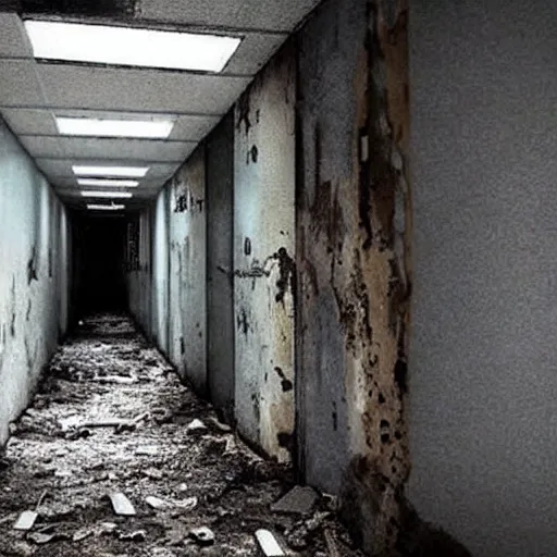 Image similar to eerie shadow hidden in plain sight, abandoned hospital, creepy, scary