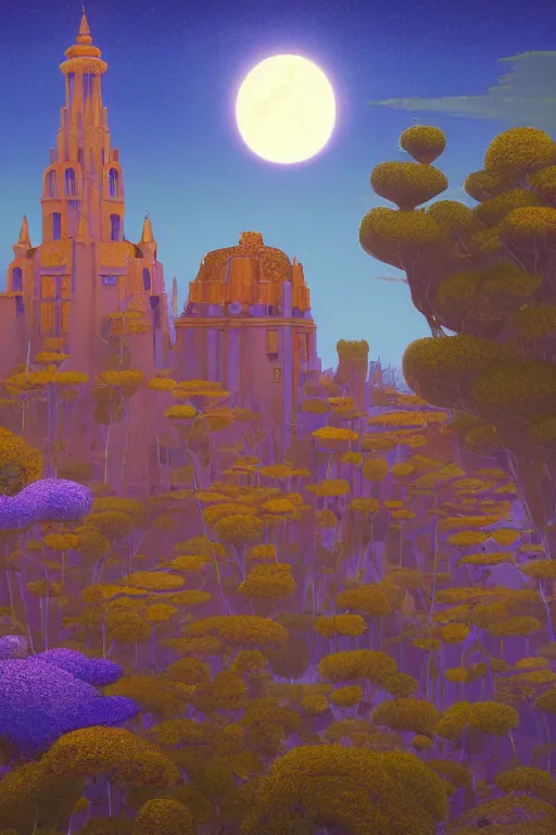 Image similar to distance view of the painted tower of the moon in its gardens fairytale illustration, tall windows, beautiful moorish tiles, dramatic cinematic lighting, rich colors, golden age illustration, by Sylvain Sarrailh and Nicholas Roerich and jean delville and Tyler Edlin and William Dyce, unreal engine