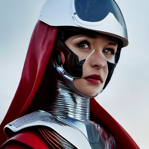 Prompt: headshot of a beautiful female soldier in glossy sleek white armor and a long red cape, looking up at camera, determined expression, no helmet, on the surface of mars, cinematic, sci-fi, hyperrealistic, detailed