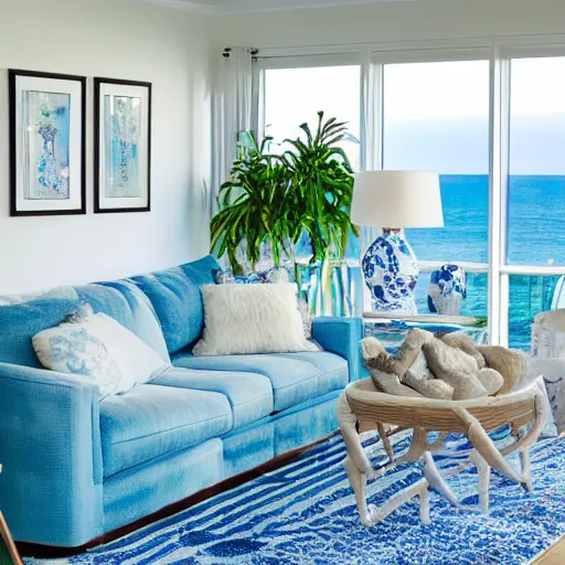 Prompt: A full shot of a coastal style living room with floor-to-ceiling windows with a sea view, inside the living room there is a white shag rug on top of which is a white sofa with blue and white patterned pillows and next to it is a marble coffee table, light blue walls, 4K photograph