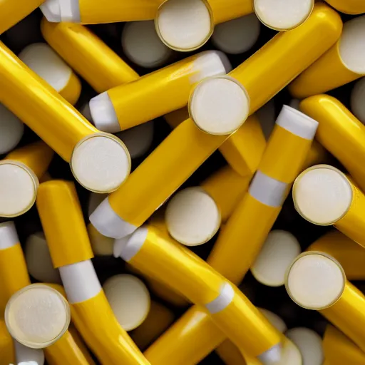 Prompt: realistic photograh 1 0 0 0 0's of yellow colored chapstick tubes in scattered in giant piles, high detail, shaded, backlit, glossy, ultrawide angle