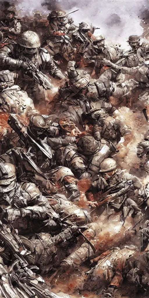 Image similar to oil painting scene from battlefield by kim jung gi