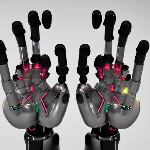 Prompt: robot's Heart-shaped fingers, two hang, Five fingers on the hand, a close up, white steel, white metal, extreme details, vertical symmetry, colourful lighting, steel joint, Wires, Mechanisms, unreal engine 5, artstationHD, 4k, 8k, 3d render, 3d Houdini, cinema 4d, octane,