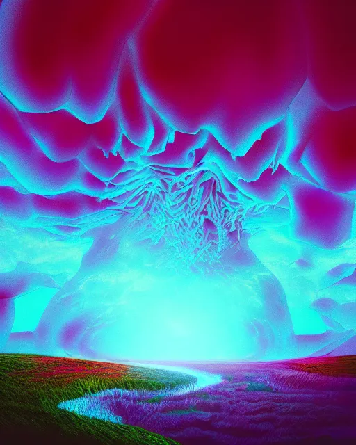 Image similar to mother nature cries out in agony. wide shot, detailed, sharp, 8 k, digital art by beeple. psychedelic colors