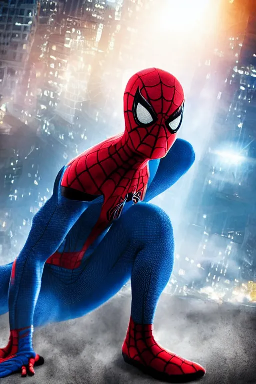 Prompt: blue spider-man, character poster, dramatic lighting, atmospheric dust, intense lens flare, city backdrop