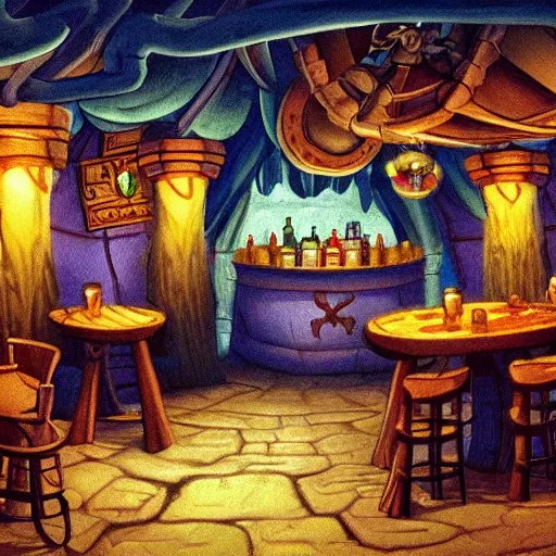 Prompt: secret of monkey island background, pirate pub interior