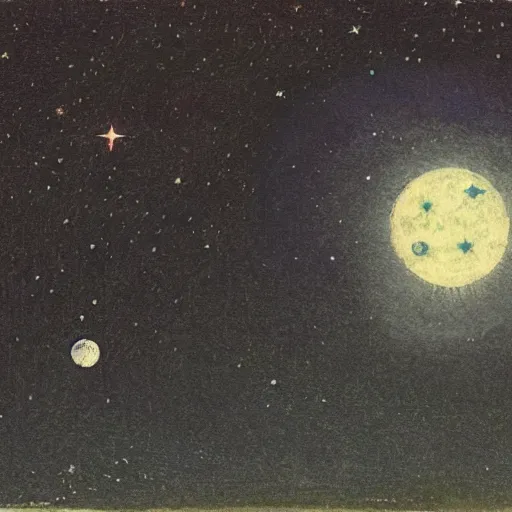 Image similar to night sky, stars, personified smiling moon prominently in the center, surrounded by clouds, landscape, illustrated by peggy fortnum and beatrix potter and sir john tenniel