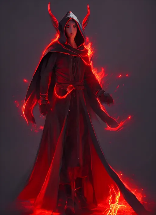 Image similar to Half-body of a hooded brunette elven fire mage in a black and red robe with fire around him. In style of Hyung-tae Kim and Greg Rutkowski, concept art, trending on ArtStation, Korean MMORPG, over-detailed art, 4K, epic, dynamic lightning, dramatic pose.