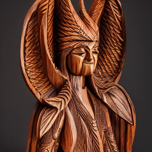 Image similar to A highly detailed wooden carving of Lucifer, studio photo studiolight 8K