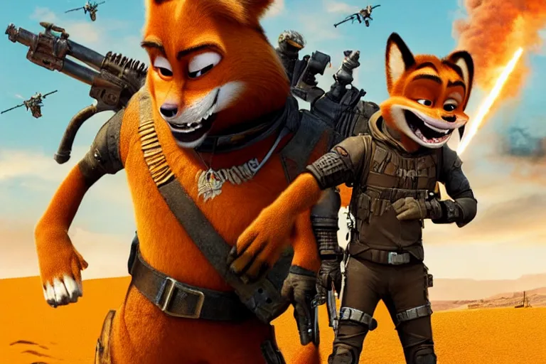 Image similar to nick wilde, heavily armed and armored facing down armageddon in a dark and gritty reboot from the makers of mad max : fury road : witness me