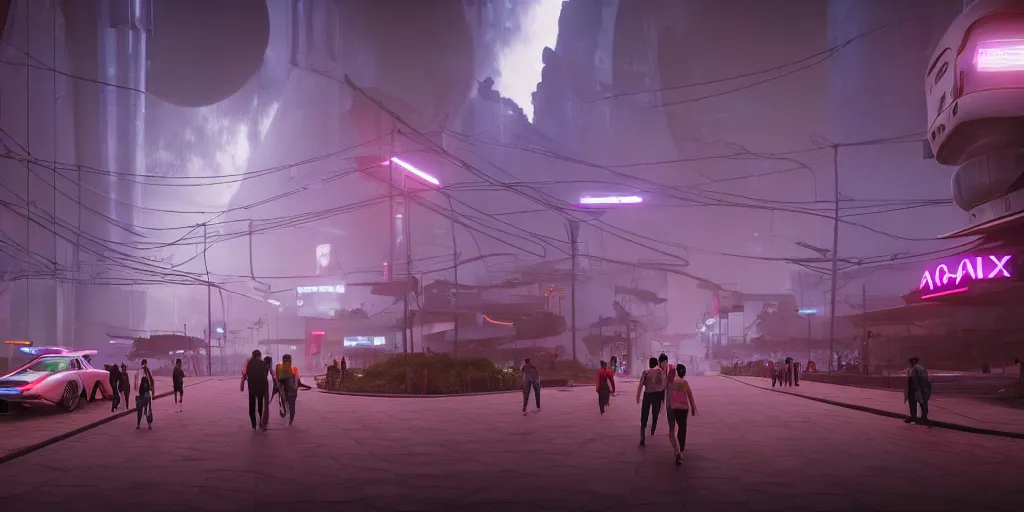 Image similar to a futuristic traditional mexican colony, blade runner 2 0 4 9 city architecture, cyberpunk mexican futuristic colonial architecture, spacex starship rocket launch site, environmental lighting, stormy weather, ray tracing, people walking on street, amazing view, highly detailed, heavy traffic, neon shops, octane render, unreal engine 5, 4 k