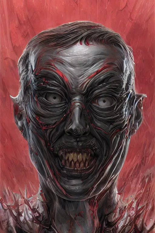 Image similar to Portrait of Steve Buscemi face as symbiote Carnage swallow it, red, marvel comics, dark, intricate, highly detailed, smooth, artstation, digital illustration by Ruan Jia and Mandy Jurgens and Artgerm and Wayne Barlowe and Greg Rutkowski and Zdislav Beksinski