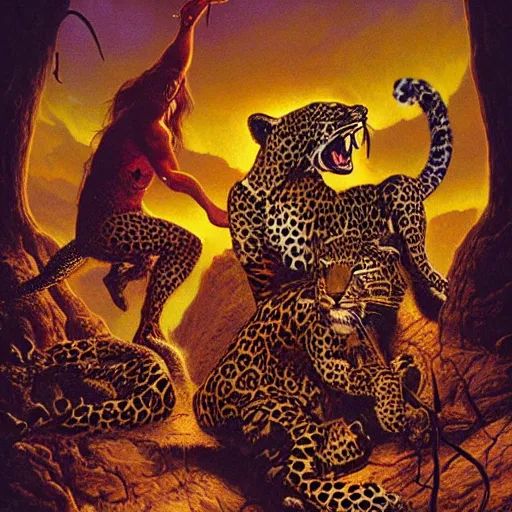 Image similar to leopards wearing leopard animal print clothing, dancing around in a fire drinking and laughing, magical bright world, volumetric lighting, Artwork by Richard Corben + Mark Arian + Wayne Barlowe + Boris Vallejo + Julie Bell + Zdzisaw Beksinski + Ed Binkley + Mark Brooks + Jean Delvil