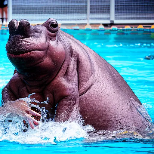 Image similar to hippopotamuses playing with humans, water polo. sports photograph.