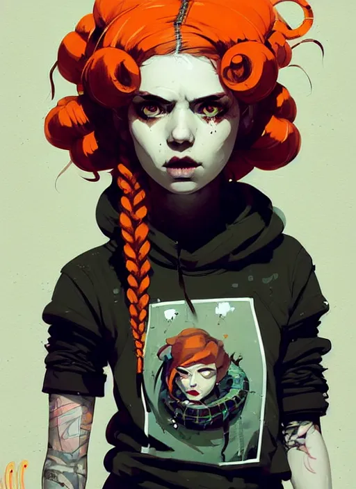 Image similar to highly detailed portrait of a sewer punk lady, tartan hoody, ringlet hair by atey ghailan, by greg rutkowski, by greg tocchini, by james gilleard, by joe fenton, by kaethe butcher, gradient orange, black, cream and white color scheme, grunge aesthetic!!! ( ( graffiti tag wall background ) )