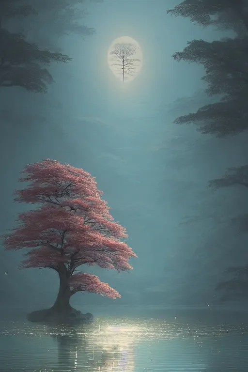 Image similar to vanishing point a single sakura tree upon a lake, viewed from afar, stephen bliss, mist, unreal engine, fantasy art by greg rutkowski, loish, rhads, ferdinand knab, makoto shinkai and lois van baarle, ilya kuvshinov, rossdraws, tom bagshaw, global illumination, radiant light, minimalist, detailed and intricate environment