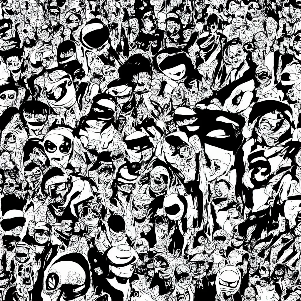 Image similar to faceless human figures, kazuo umezu artwork, jet set radio artwork, stripes, tense, space, cel - shaded art style, burqa, ominous, minimal, cybernetic, cowl, dots, stipples, lines, hashing, thumbprint, dark, eerie, motherboards, crosswalks, guts, folds, tearing