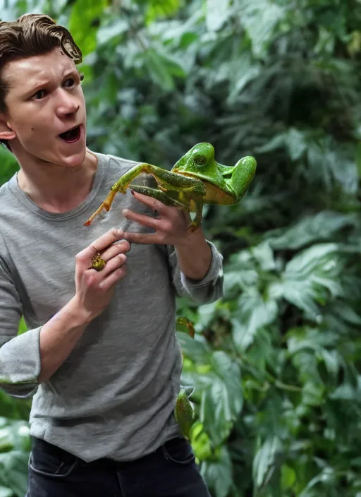 Image similar to a photograph of Tom Holland swallowing a live frog