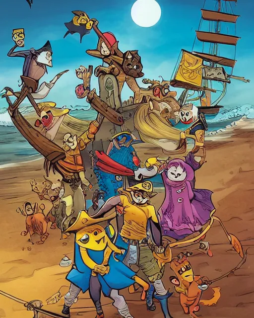 Prompt: comic book page of a pirate comic from 2 0 2 2 with cute animal characters, several pirate ships on rough ocean with big waves, in bright colours set in the caribbean in cell shading style published by pixar and dark horse