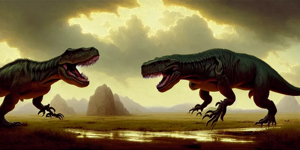 Image similar to a singe t - rex is crossing american plains with a small riverbed, mountaineous background, cloudy day, highly detailed, digital art, by greg rutkowski, by albert bierstadt