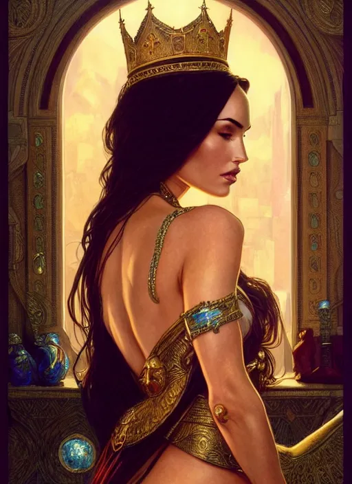 Image similar to portrait of megan fox as a queen, throne, jewelry, greek, saphir, intricate, headshot, highly detailed, digital painting, artstation, concept art, sharp focus, cinematic lighting, illustration, art by artgerm and greg rutkowski, alphonse mucha, cgsociety