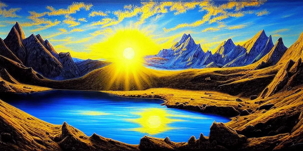 Image similar to a beautiful landscape, sun rises between two mountains, a lake in between the mountains, blue sky, cloudy, painting by john stephans, extremely detailed, hyper realism