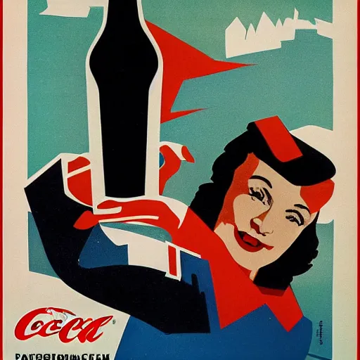 Prompt: a woman in a parka drinking a bottle of coke in an icy landscape, constructivist, russian, soviet advertisement, 1 9 5 0's