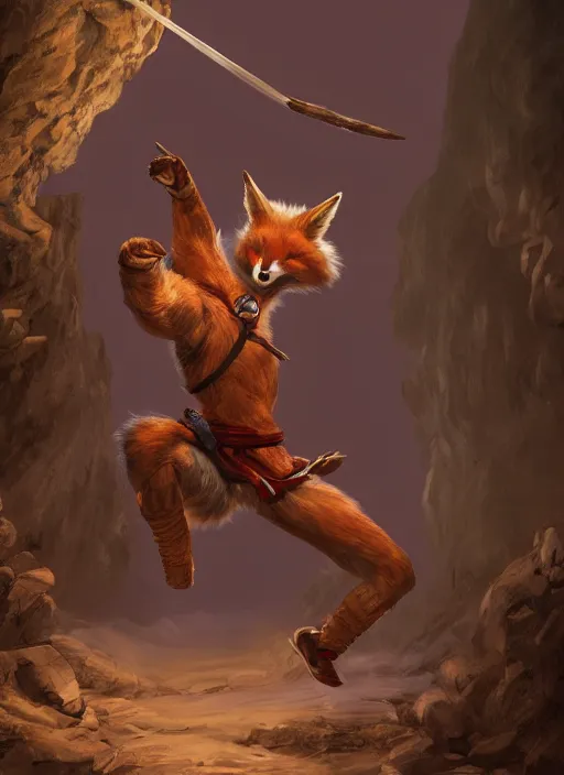 Image similar to A fantasy comic book style portrait painting of a fox person training martial arts in a cavern setting, unreal 5, DAZ, hyperrealistic, octane render, RPG portrait, ambient light, dynamic lighting